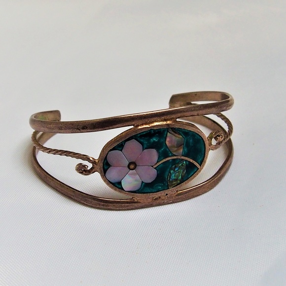 Vintage Jewelry - VTG Mexican Alpaca MOP Abalone Inlay Bracelet